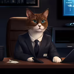 a cat dressed as a business man sitting in front of a laptop