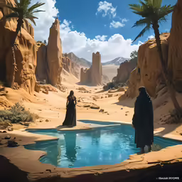 people in desert looking at a pool of water