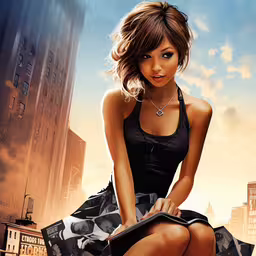 a woman sitting on top of a sign on the ground,the woman is posing in front of a very large city