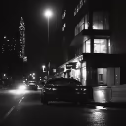 a street view with a dark looking building and lights