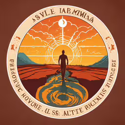 a man standing on a red beach in front of a sunset and a big star,the poster features a surfer with surfboard on it