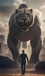 a man walking with a tiger in the middle
