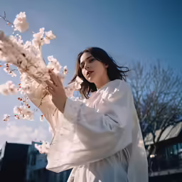 a woman holding a white flower on her right hand