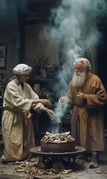 a woman holds out a cake to another man who is blowing it