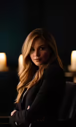 a woman sitting in a chair with candles behind her