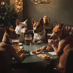the three dogs are enjoying their meal at the table