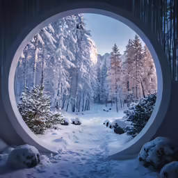 an outdoor winter landscape with snow and trees through a round window