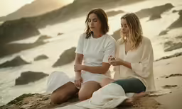 two women sitting on the sand with seas in the background