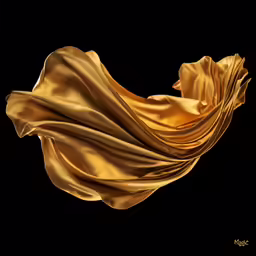 a golden draped cloth flying in the air