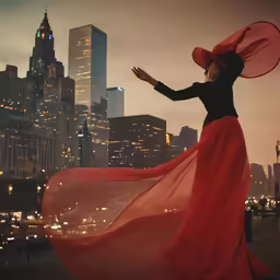 a woman in a red dress and large red hat is standing with her hands out to her side while wearing a red dress