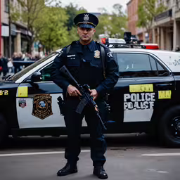 a cop standing by his patrol car and aiming,a police officer is holding an automatic rifle