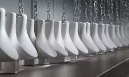 there is a long line of urinals with chains hanging from them