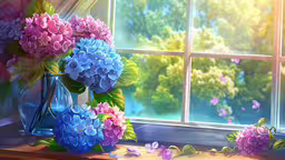 an image of a vase with flowers and butterfly in the window,a vase full of purple and blue flowers on a window sill