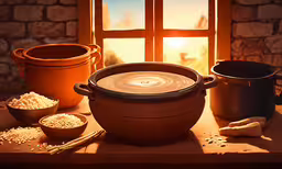 a group of pots and bowls with food in them on a table,some very big pots on the table by a window