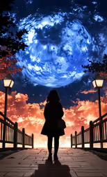 a woman standing on a bridge in front of an orange sunset