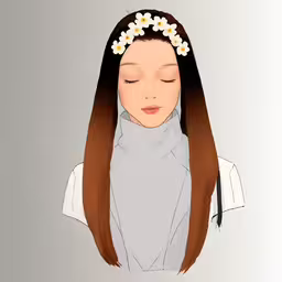 a drawing of a woman with long brown hair wearing a gray turtle neck and flowers in her hair,a girl with long brown hair is wearing flowers in her hair