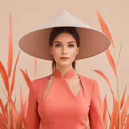 a woman wearing a large hat while standing outside