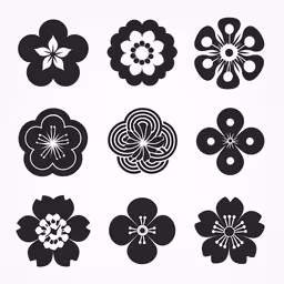 six flower shapes to make up a set of four flower shapes,six flower designs in black and white with some white dots