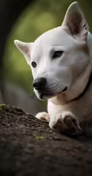 a close up of a dog laying on the ground