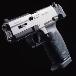 a silver handgun with black grips