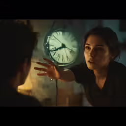 a woman pointing to the clock as she speaks