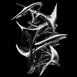 some silver sculptures on black and white background