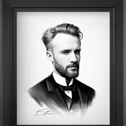 black and white drawing of a bearded man wearing a suit