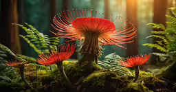 red mushrooms growing on moss in the forest