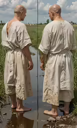 two older men wearing white robes are walking in shallow water