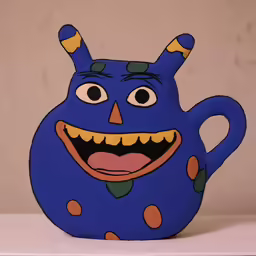 a very large blue coffee pot with a smiling face