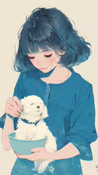 the child holds a bowl while petting the dog,an illustration of a girl holding a dog