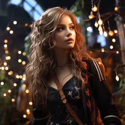 a woman is looking into the distance with a sword in her hand,a woman with long hair wearing a black outfit and some lights