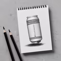 two pencils sit on top of a spiral notebook that shows a picture of a beverage can and a pencil