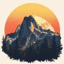 a mountain in front of an orange sky with the moon