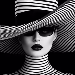 a woman wearing a large black and white striped hat