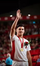 a man waves to the crowd while wearing his gold medal