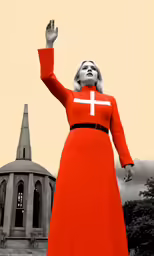 there is a giant woman wearing red in a red dress and holding her hands in the air