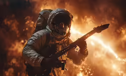 man in full outfit standing in front of fire
