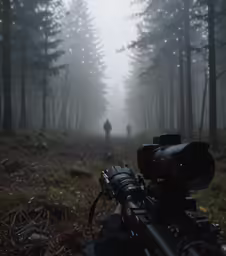 a person is shown with a rifle in the woods