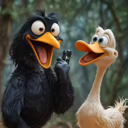 there are two very large birds standing next to each other