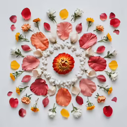 decorative red and orange flowers arranged in a circle