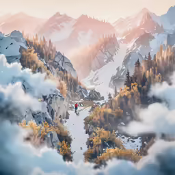 a view of a snowy mountains with yellow trees and clouds