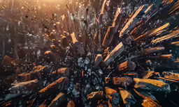 the exploding glass shards of a building are covered in rain