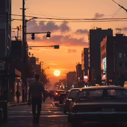 there is a man walking down the street in the sun
