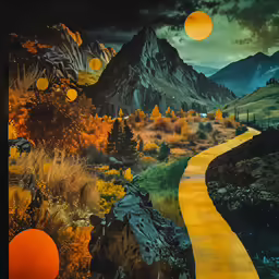 a painting depicting an orange street that shows the way to the mountains