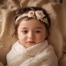 a little girl in a blanket and with her head resting on her shoulder
