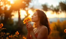 a woman holding flowers up to the sun