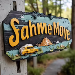 a wooden sign for a school with a toy truck on it