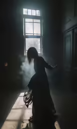 a girl is kneeling in the darkness