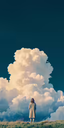 an old woman standing on top of a grass covered field under clouds